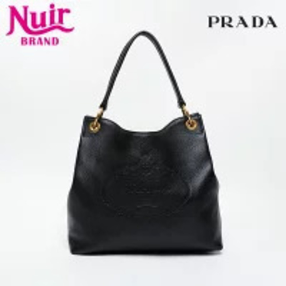 Prada logo embossed leather shoulder bag black